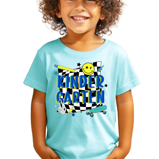 Close-up of retro skateboard kindergarten graphic print on kids black t-shirt