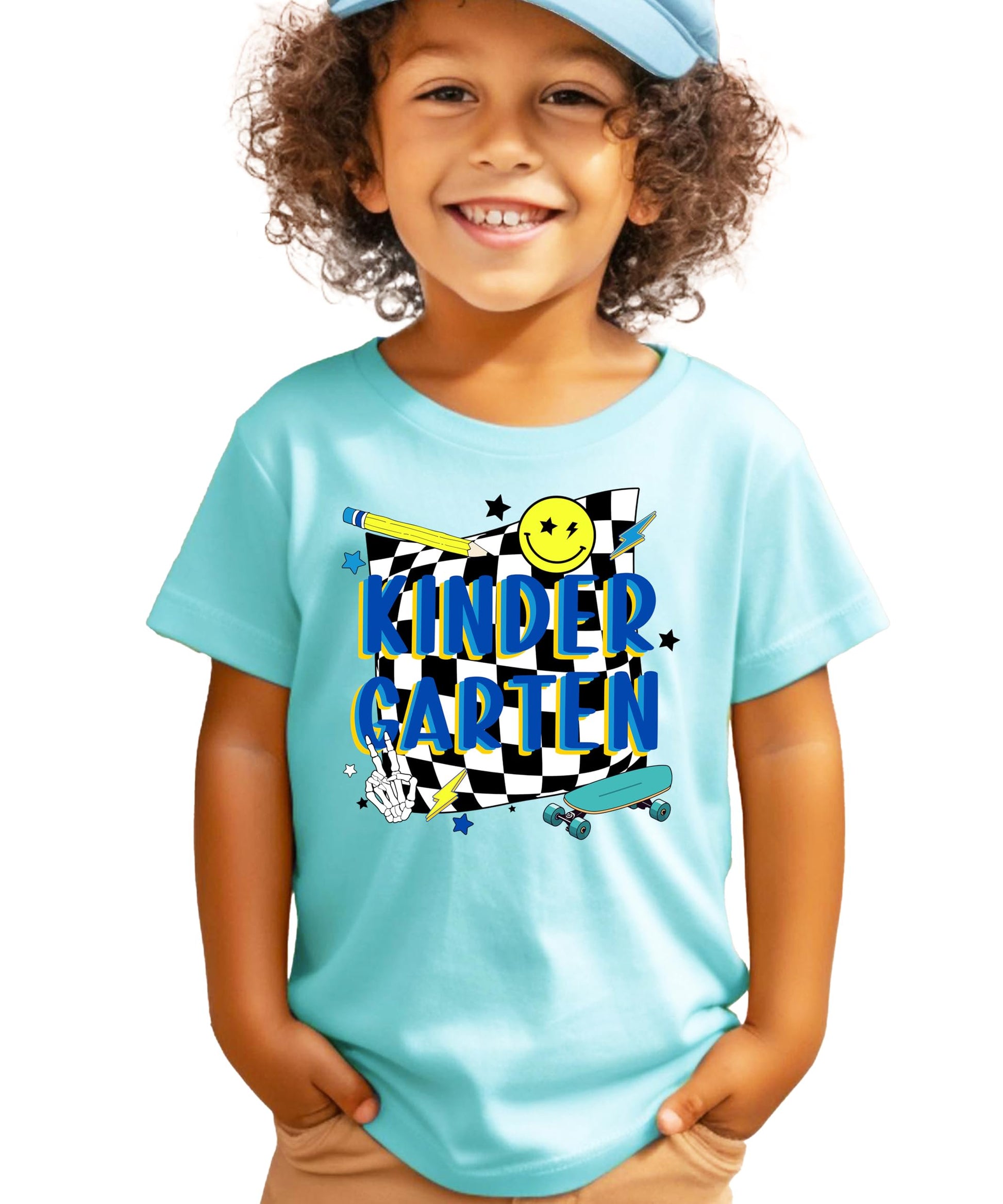 Close-up of retro skateboard kindergarten graphic print on kids black t-shirt