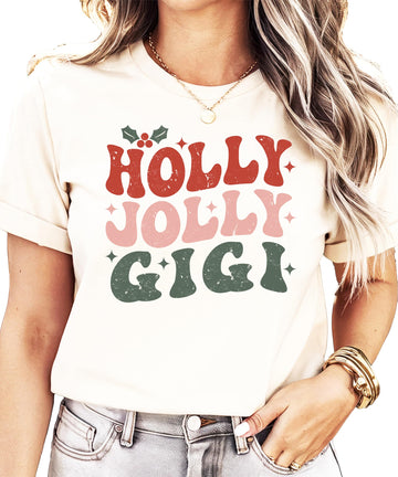 Holly Jolly Gigi women's Christmas t-shirt with retro red, pink, and green festive lettering