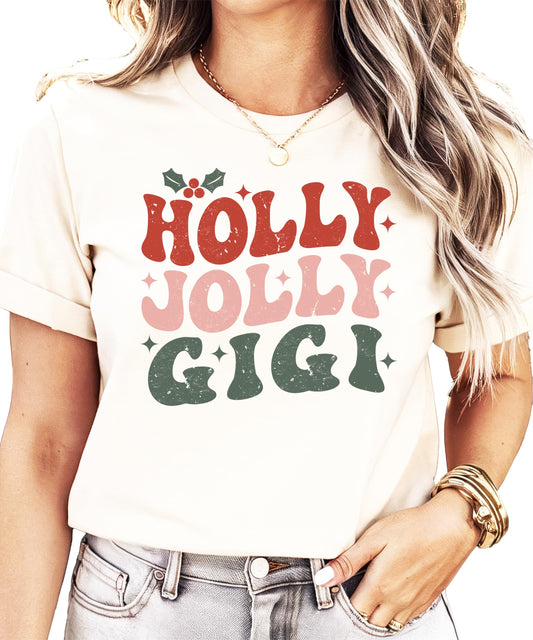 Holly Jolly Gigi women's Christmas t-shirt with retro red, pink, and green festive lettering