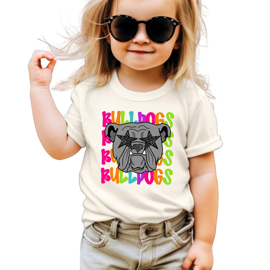 Colorful girly Bulldogs mascot graphic tee on black shirt for women and kids