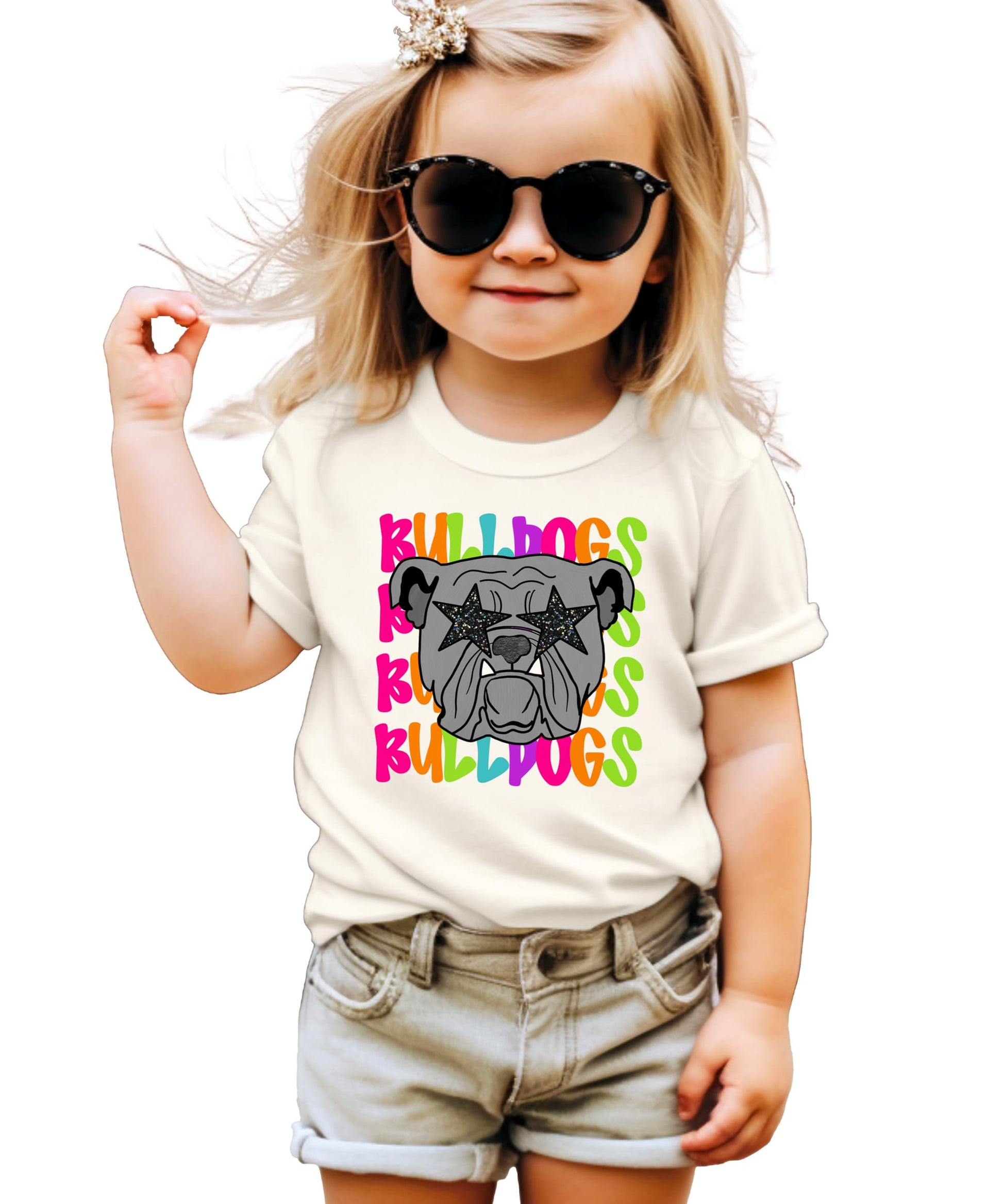 Colorful girly Bulldogs mascot graphic tee on black shirt for women and kids