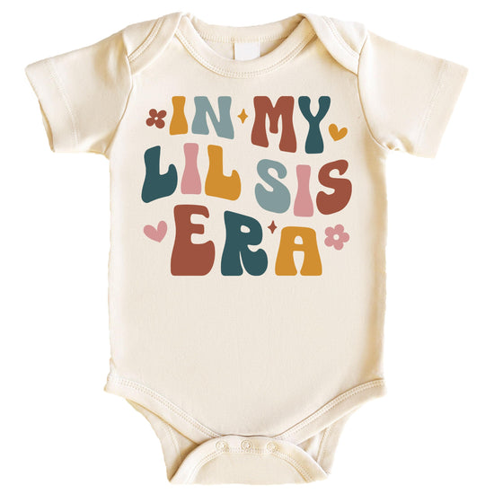 In My Little Sister Era natural bodysuit for baby girls with graphic print, laid flat