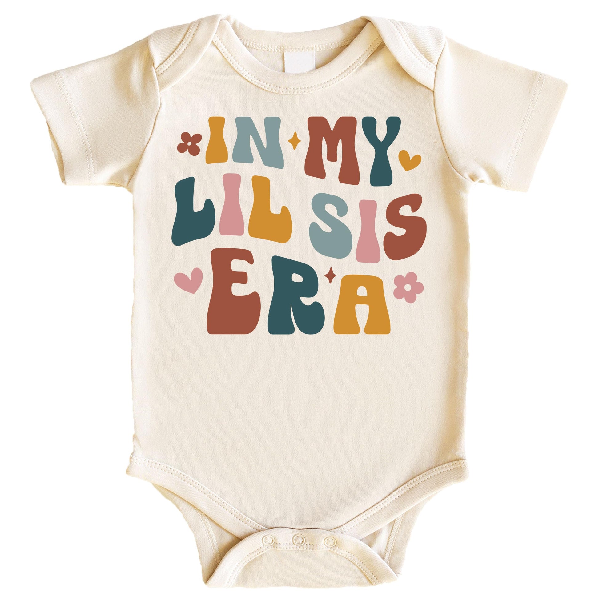 In My Little Sister Era natural bodysuit for baby girls with graphic print, laid flat