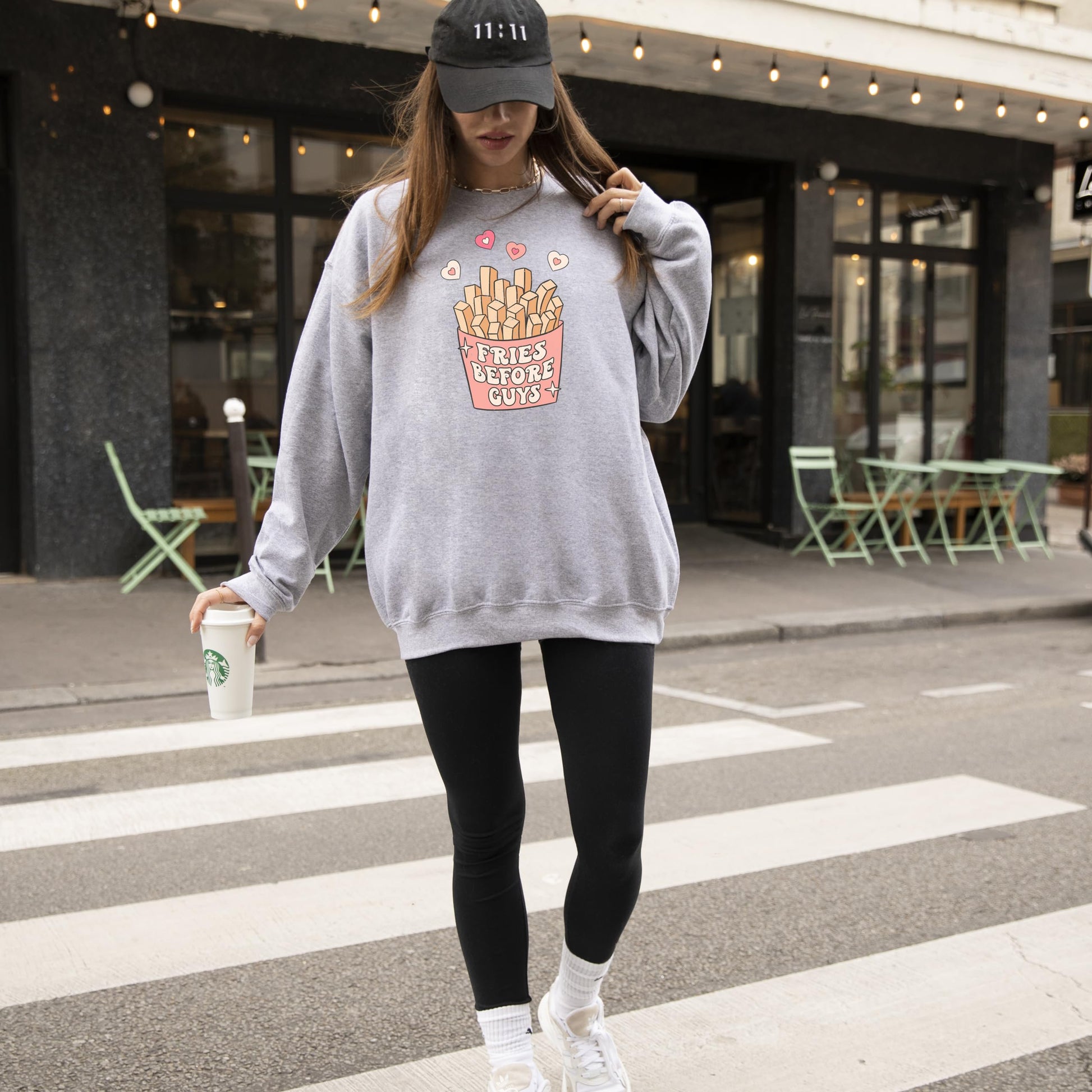 Back or detail view of Fries Before Guys funny adult sweatshirt in heather gray