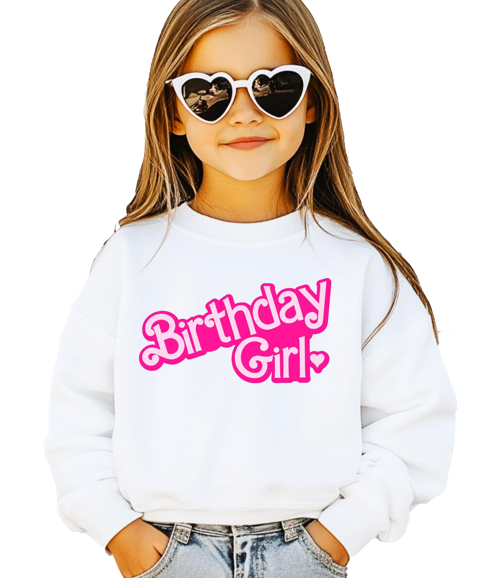 Close-up of Birthday Girl graphic print on pink youth sweatshirt