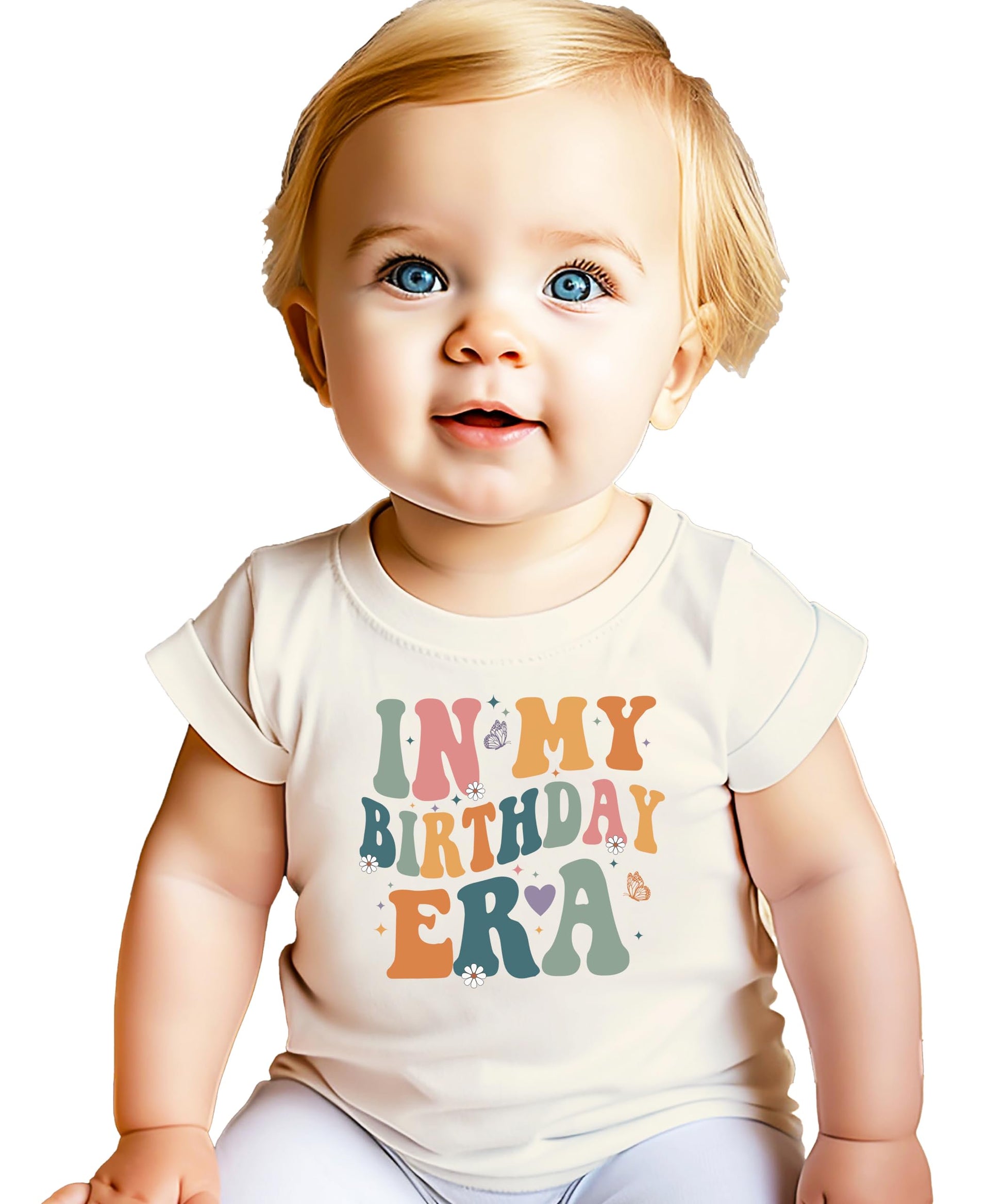 Front view of girls birthday graphic t-shirt with 'In My Birthday Era' wavy text print in peach