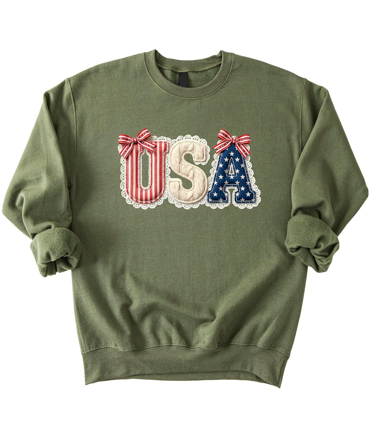White crewneck sweatshirt with USA text in red stripes, cream cable-knit, and navy stars with decorative bows