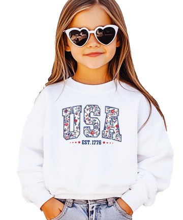 Floral USA Est 1776 Sweatshirt for Women, Teens & Girls Cute Patriotic Faux Embroidery Sweater