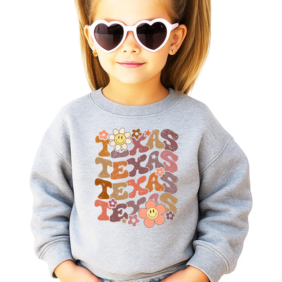 Texas sports sweatshirt with retro groovy colorful smiley flowers on white background