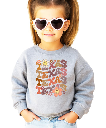 Texas sports sweatshirt with retro groovy colorful smiley flowers on white background