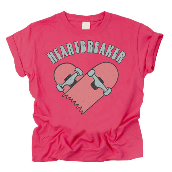 Toddler wearing hot pink Heartbreaker Skateboard Valentine's Day shirt from Olive Loves Apple