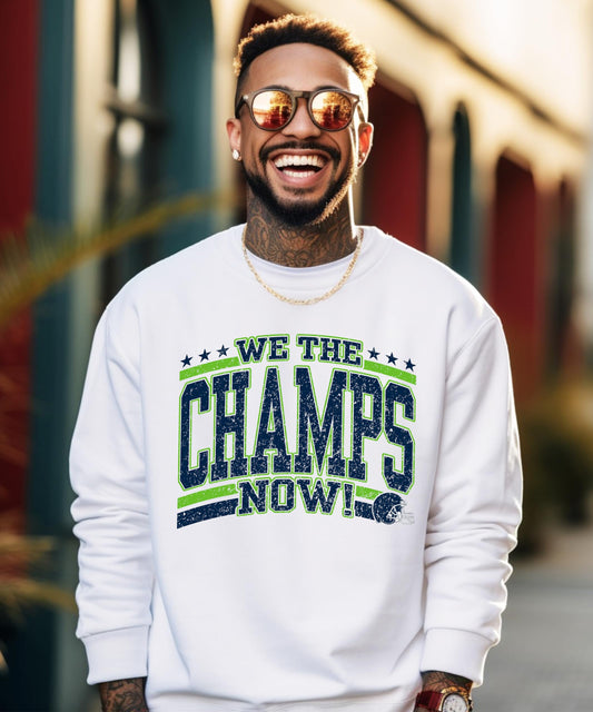 Olive Loves Apple We The Champs Now Graphic Sweatshirt for Men, Women & Kids - Navy & Green Team Football Fan Pullover