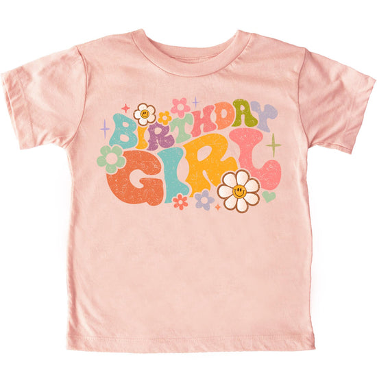 Birthday girl groovy flowers shirt displayed as a birthday gift idea for baby and toddler girls