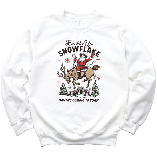 Unisex gray Christmas sweatshirt with funny cowboy Santa riding a reindeer and Buckle Up Snowflake graphic