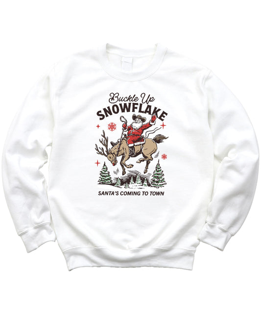Unisex gray Christmas sweatshirt with funny cowboy Santa riding a reindeer and Buckle Up Snowflake graphic