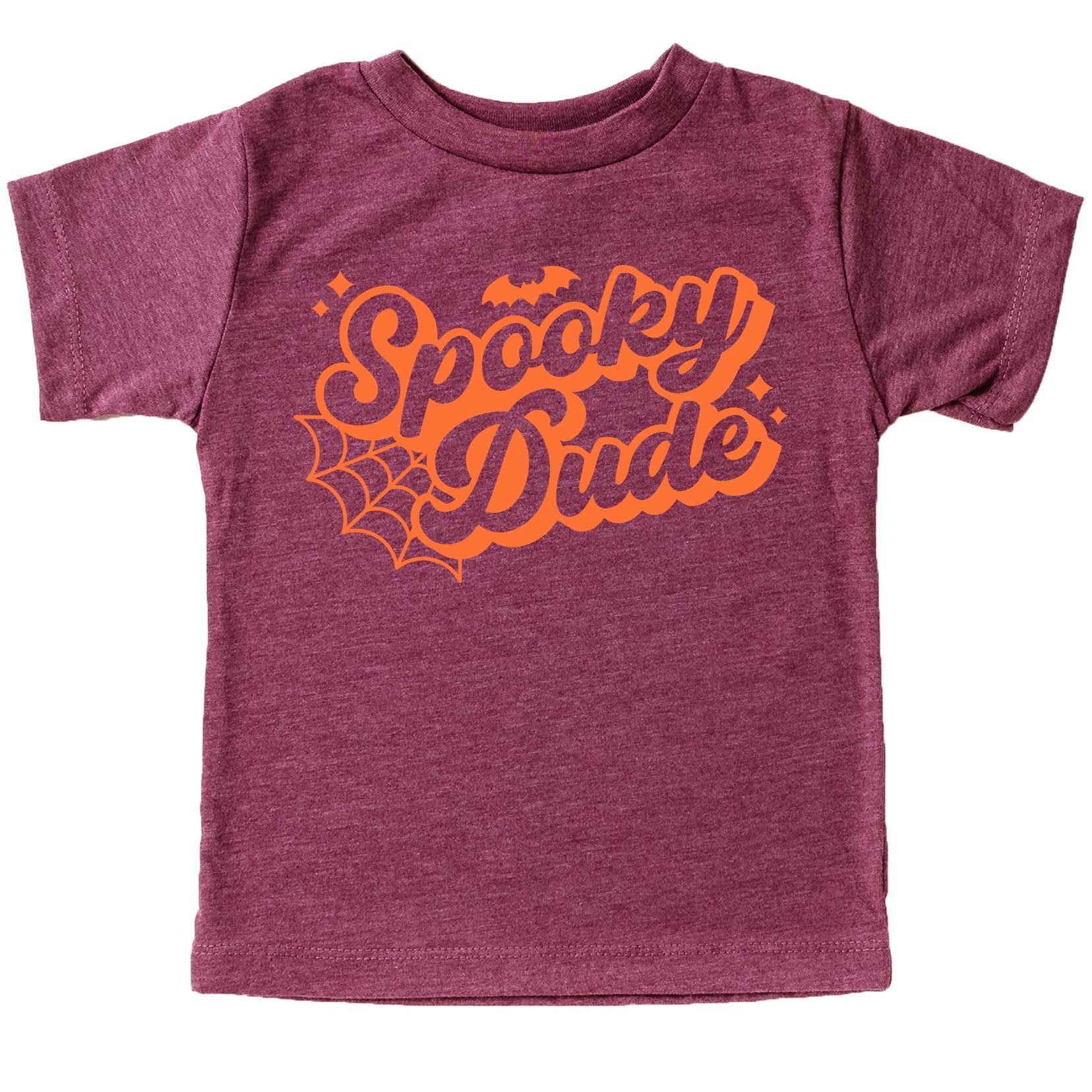 Toddler boy wearing vintage burgundy spooky dude spiderweb Halloween tee for fall