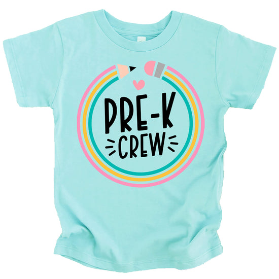 First day of school Pre-K shirt with vibrant pencil design on purple tee