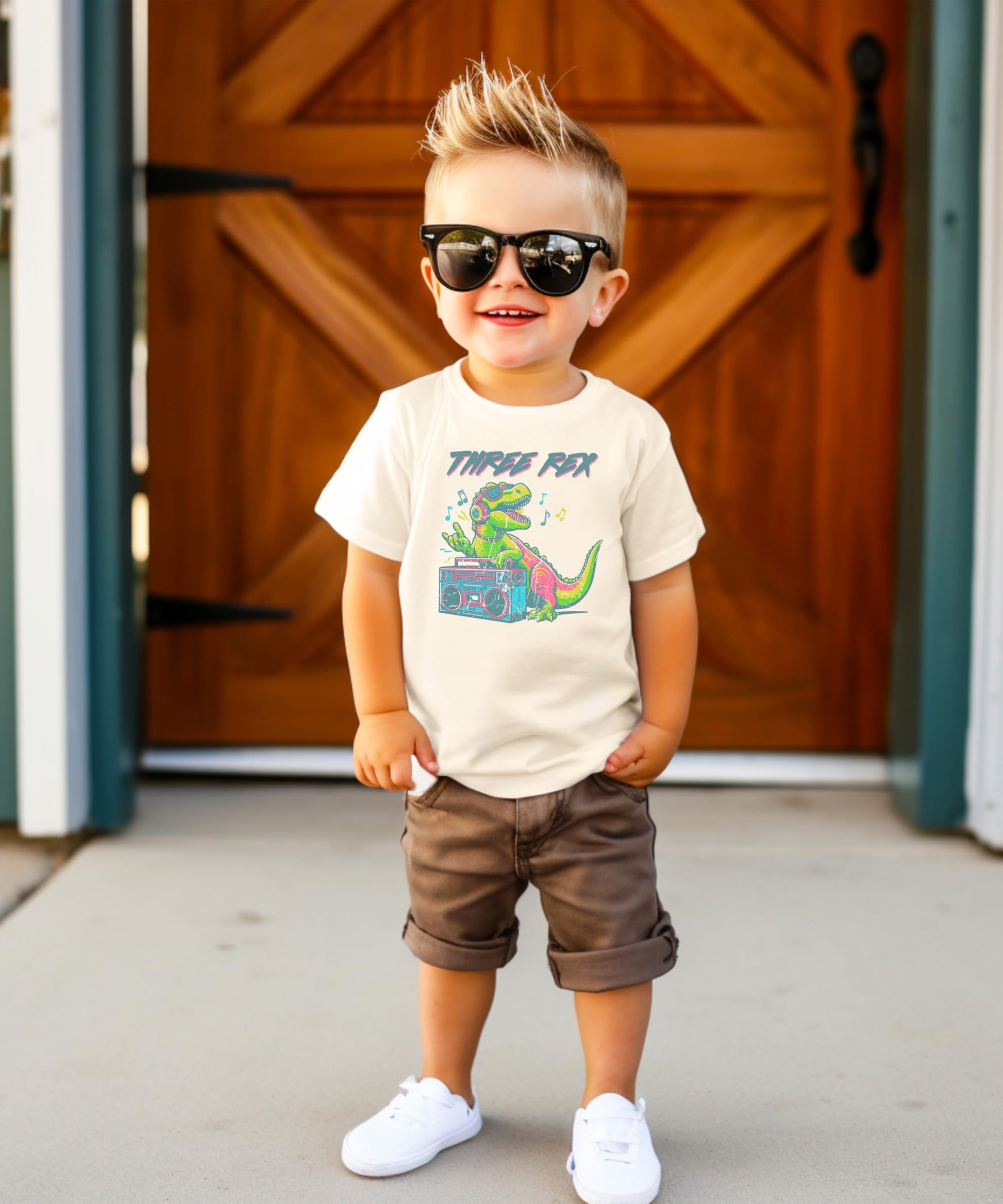 Toddler Three Rex DJ dinosaur shirt detail showing print quality and colors