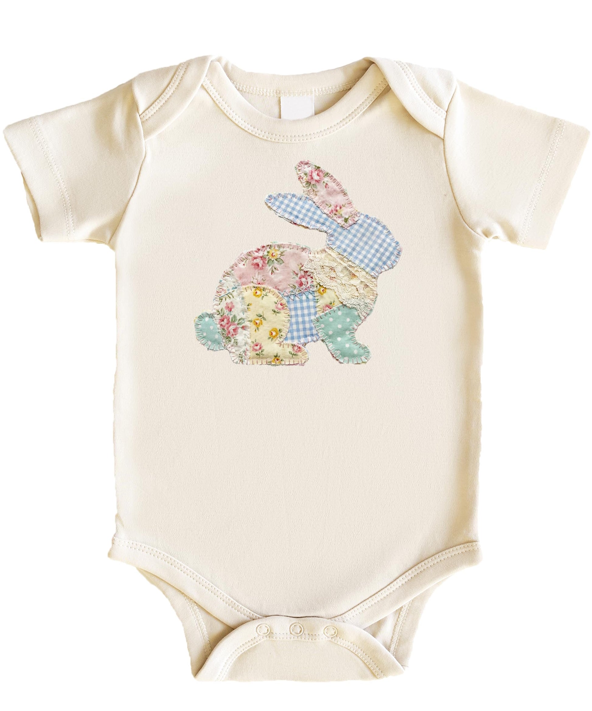 Baby bodysuit with colorful floral Easter bunny design, flat lay view
