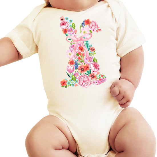 Flat lay of Olive Loves Apple floral Easter bunny one-piece bodysuit for baby girls