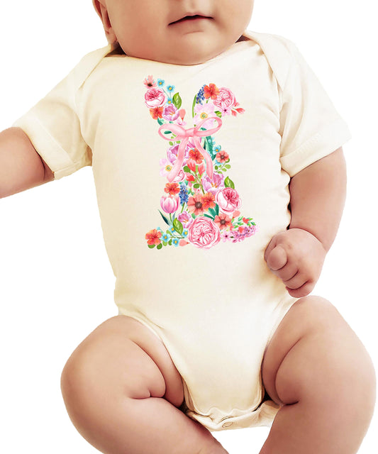 Flat lay of Olive Loves Apple floral Easter bunny one-piece bodysuit for baby girls