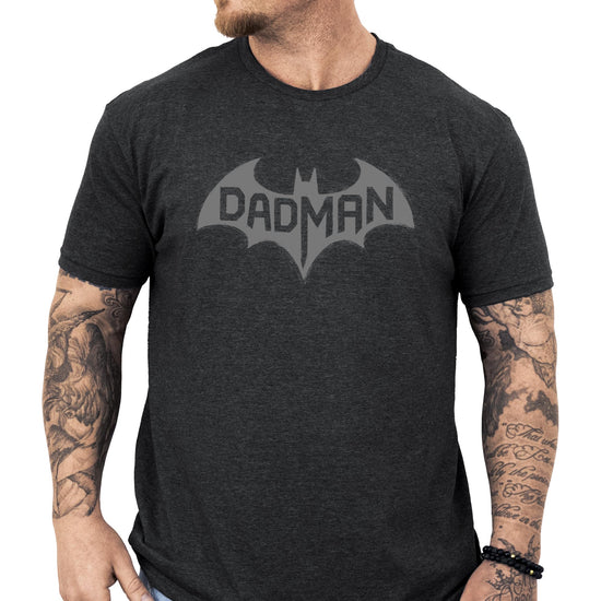 Close-up of gray bat graphic print on DadMan dark gray heather men's tee