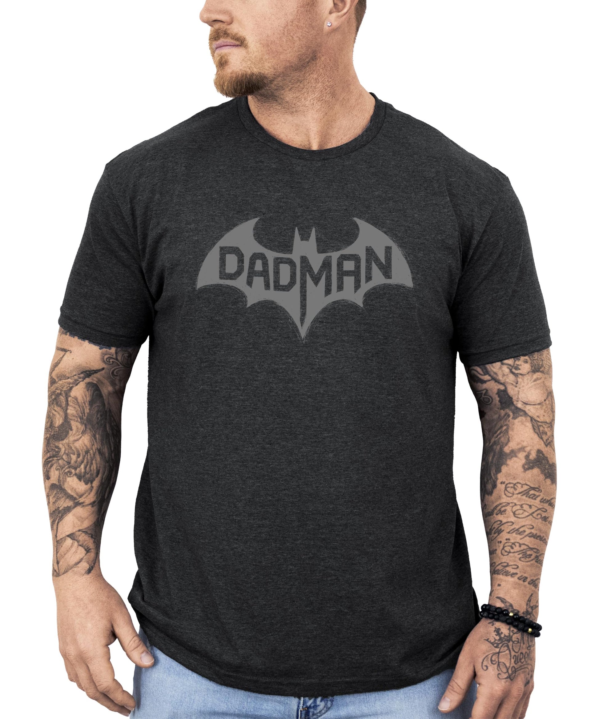 Close-up of gray bat graphic print on DadMan dark gray heather men's tee