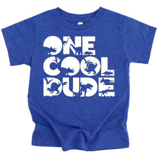 Front view of One Cool Dude dino birthday tee for baby boys in military green