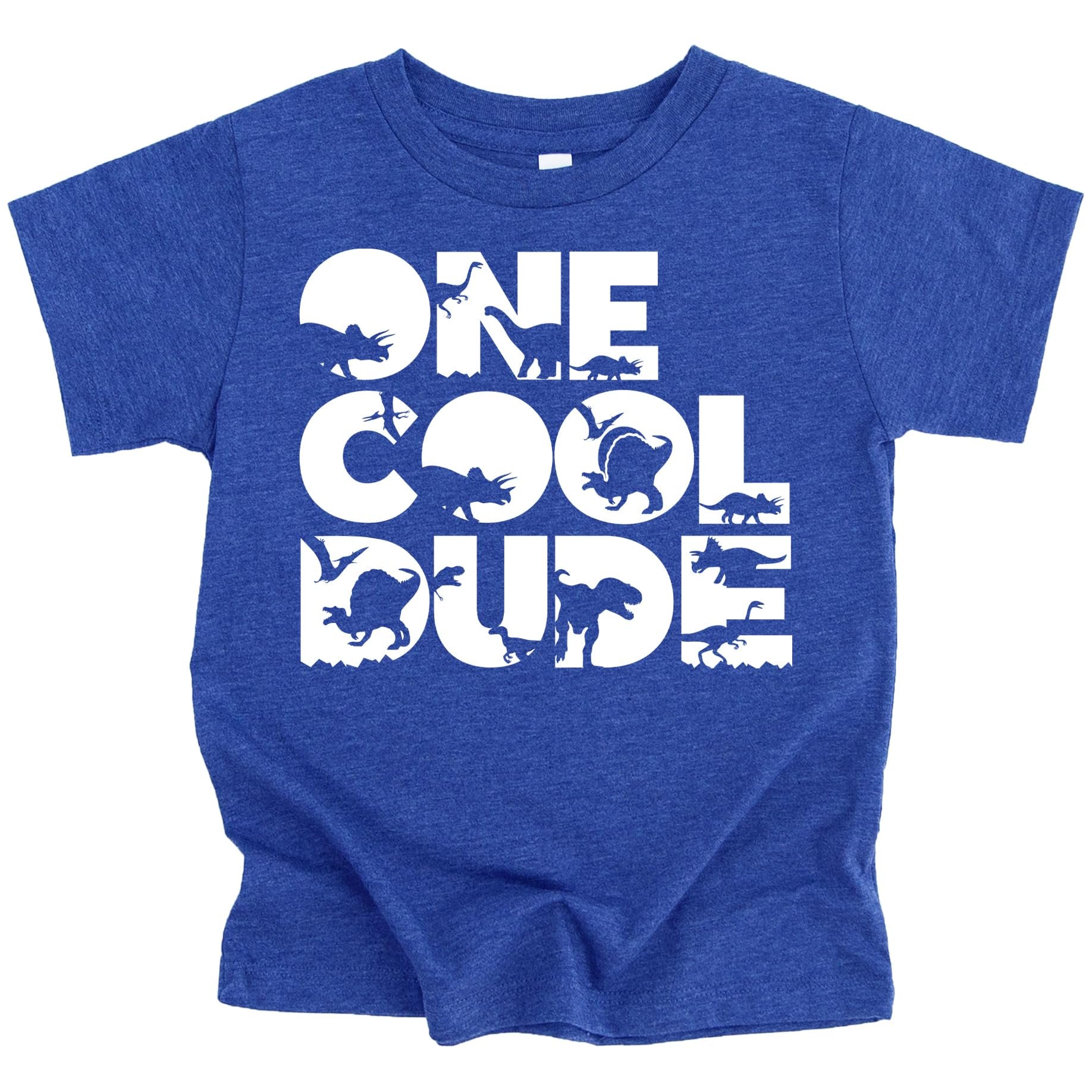 Front view of One Cool Dude dino birthday tee for baby boys in military green