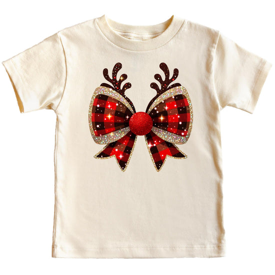 Women's Christmas graphic tee with red and black buffalo check gift bow and reindeer antlers design