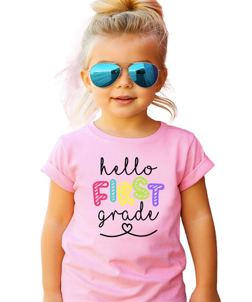 Olive Loves Apple Hello 1st Grade First Day of School Gift Back to School Pink Shirt 4T