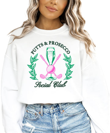 Putts and Pros Social Club Sweatshirt for Women Preppy Golf and Wine Crewneck for Adults White Sweatshirt Adult Small
