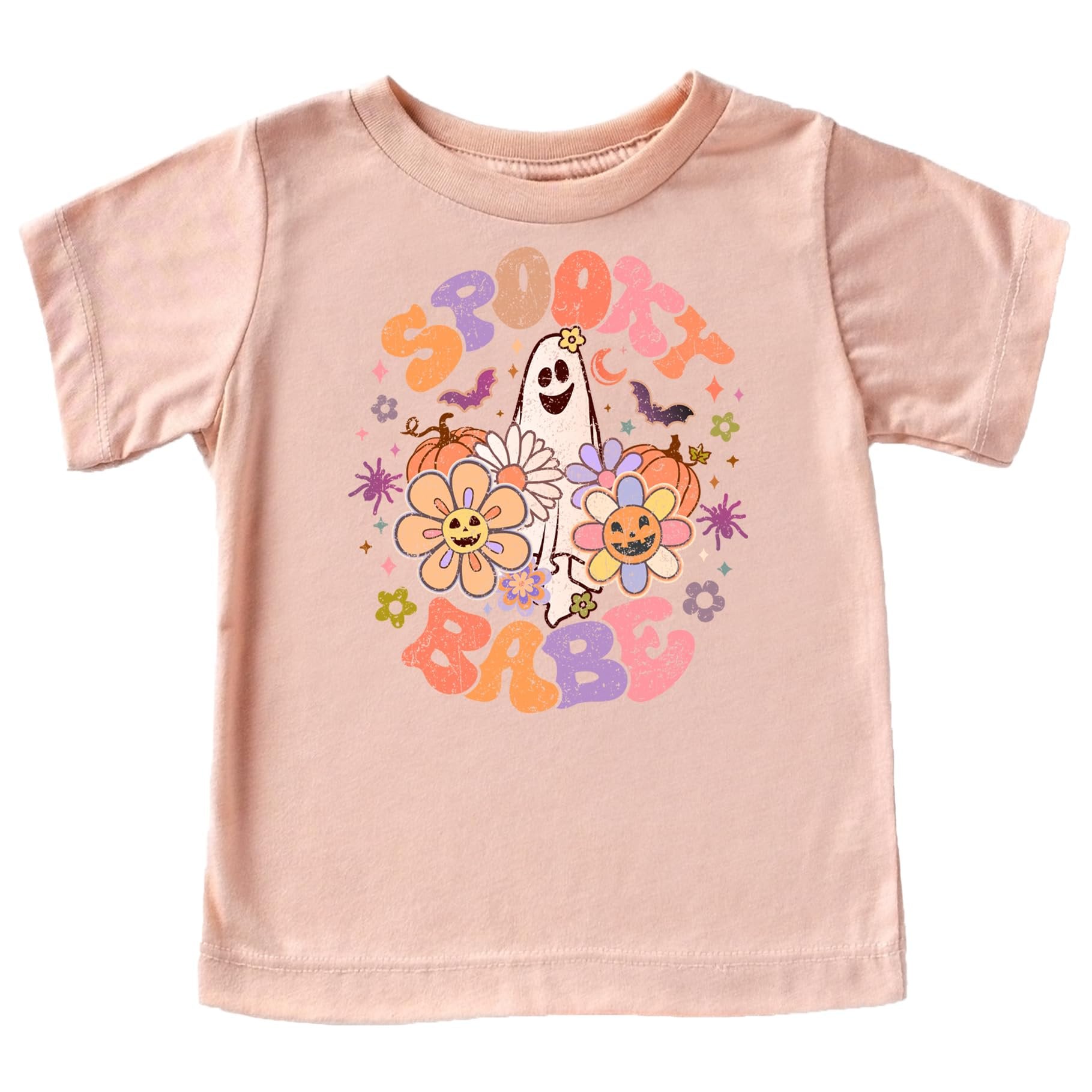 Close-up of Spooky Babe ghost print on natural kids Halloween shirt
