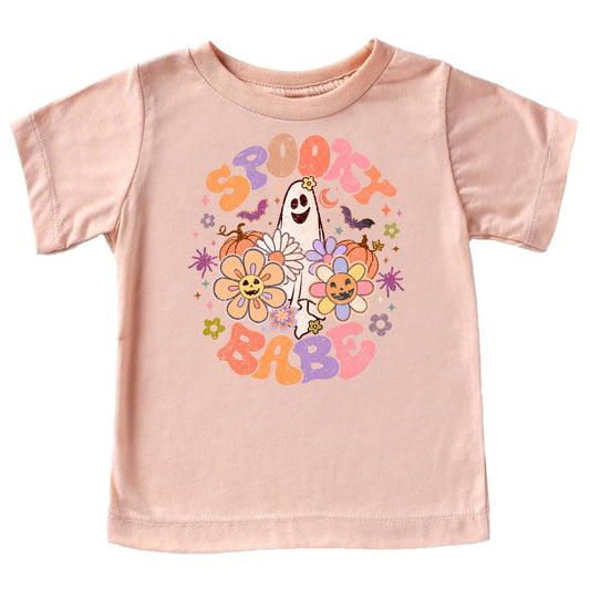 Close-up of Spooky Babe ghost print on natural kids Halloween shirt