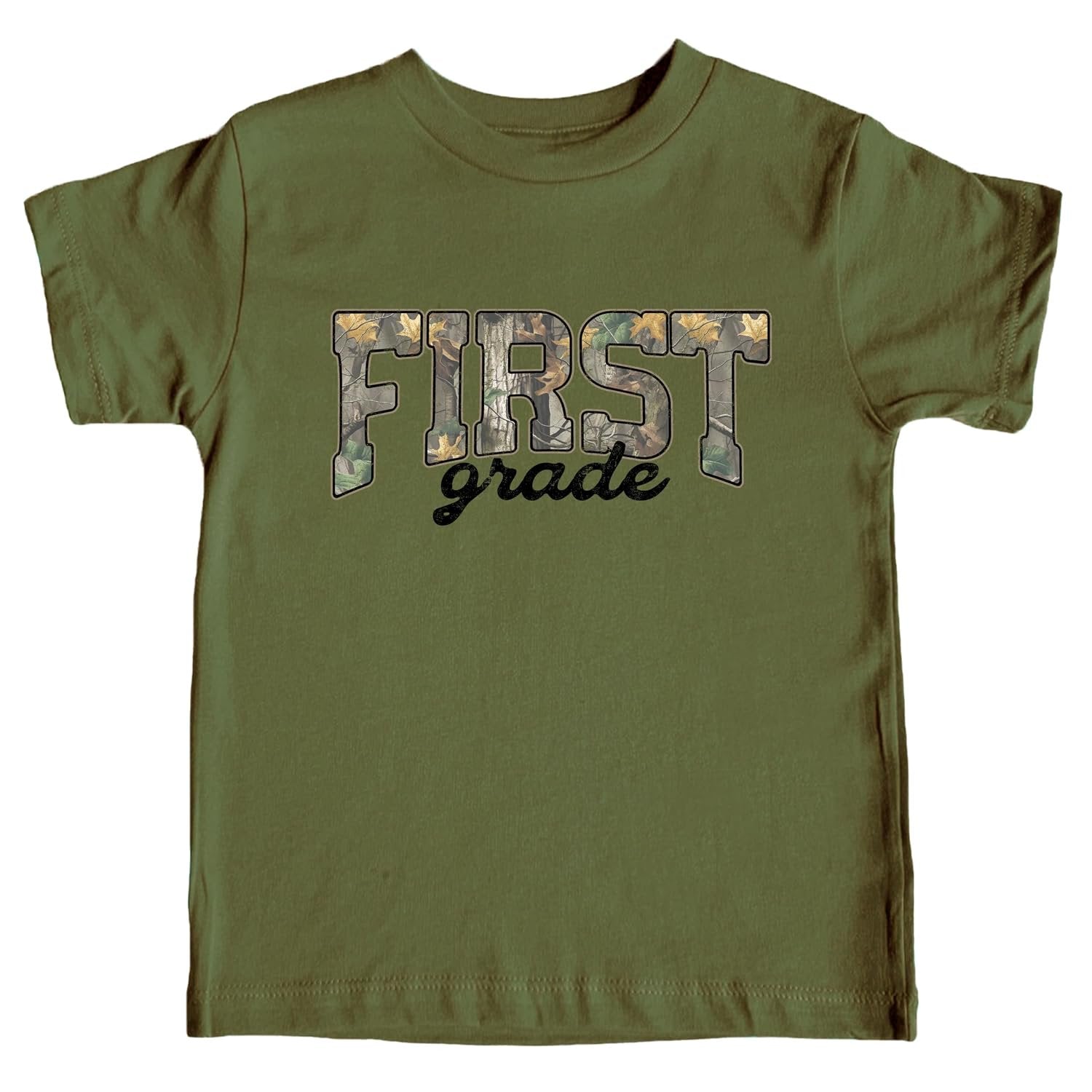 Kids First Grade camo graphic tee with bold woodland camouflage lettering by Olive Loves Apple