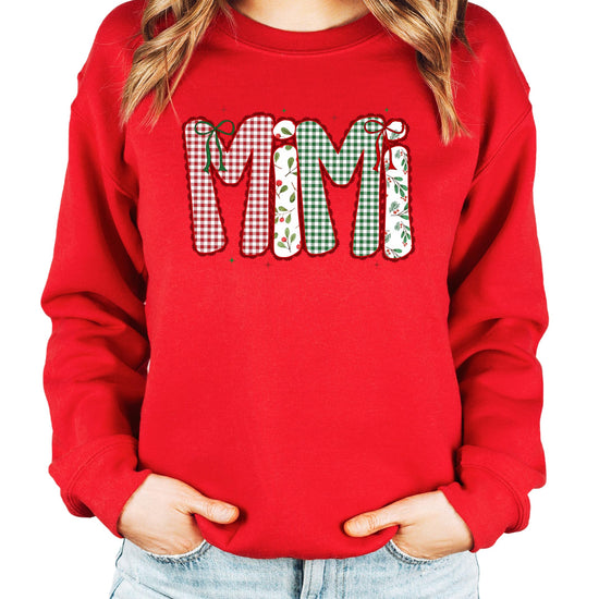 Red Christmas sweatshirt with lace-style ink-print holiday design for Mama, Mimi, Gigi, or Nana