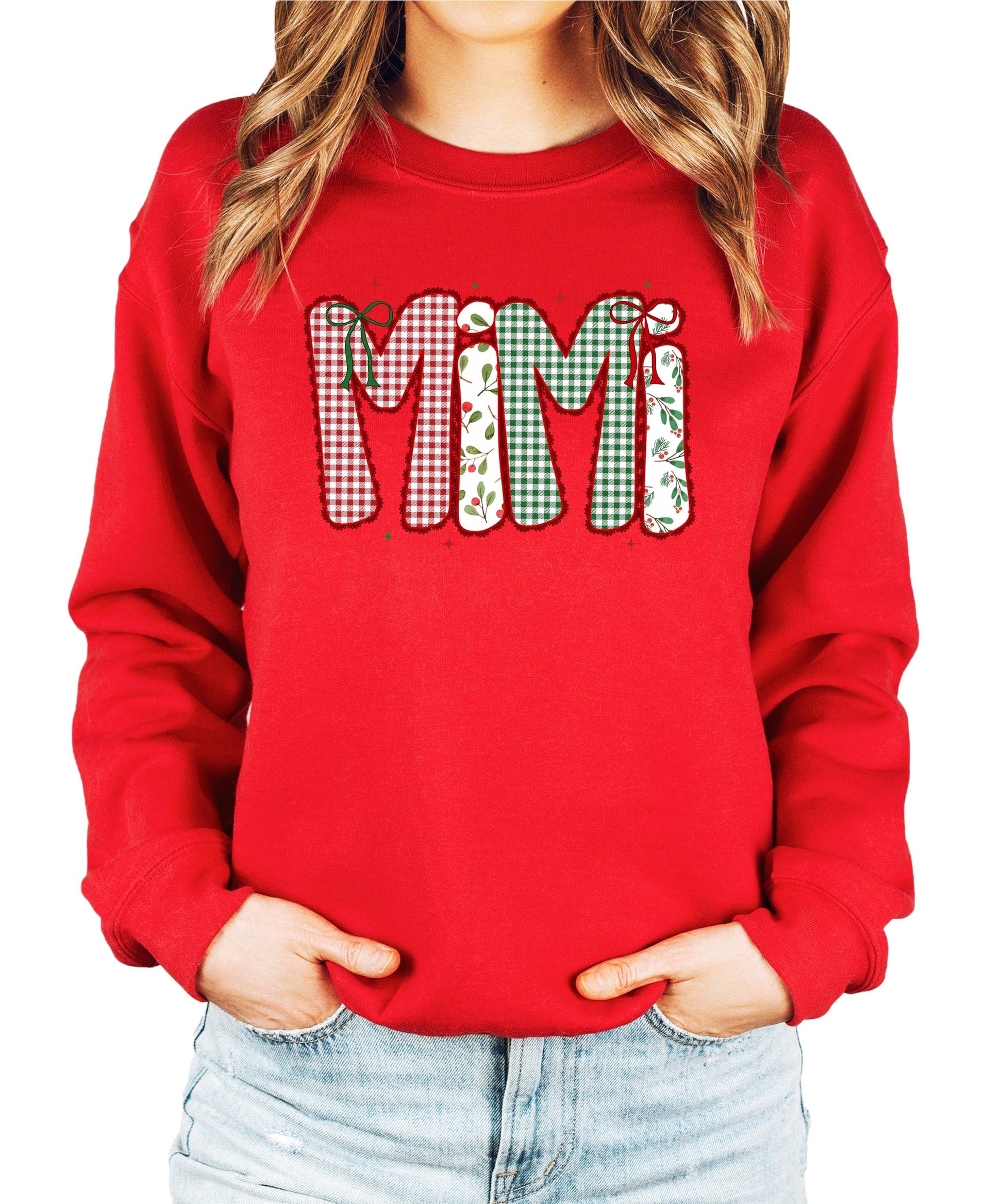 Red Christmas sweatshirt with lace-style ink-print holiday design for Mama, Mimi, Gigi, or Nana