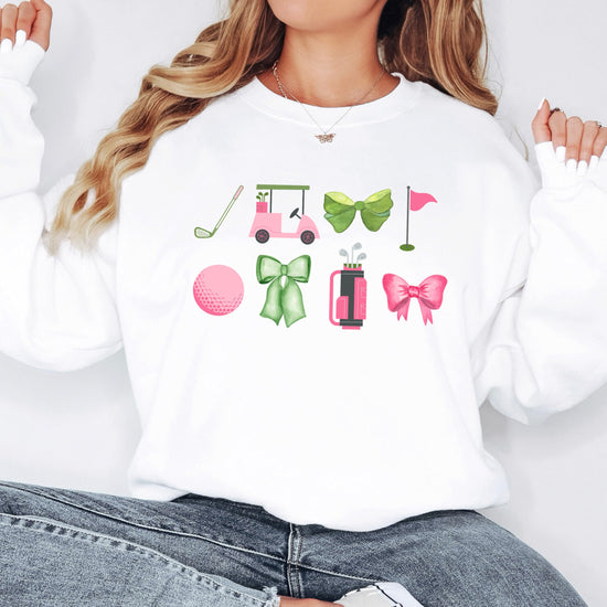 Lifestyle flat lay of gray women's golf graphic crewneck sweatshirt