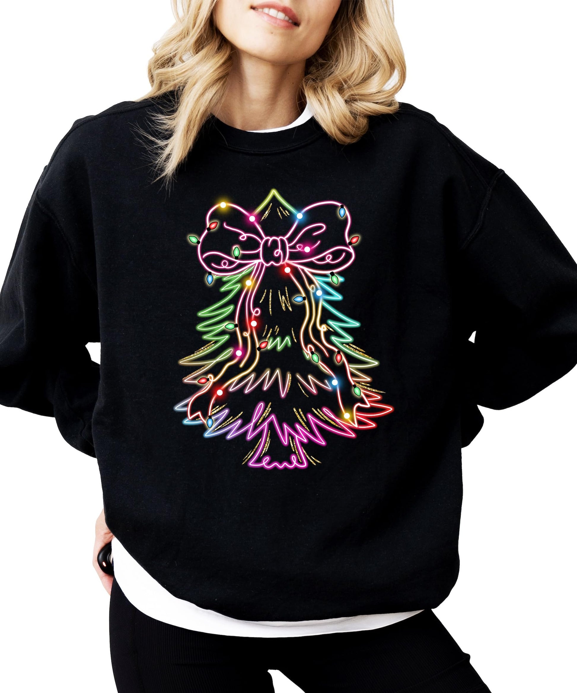 Close-up of neon Christmas tree with bow and colorful lights print on black sweatshirt