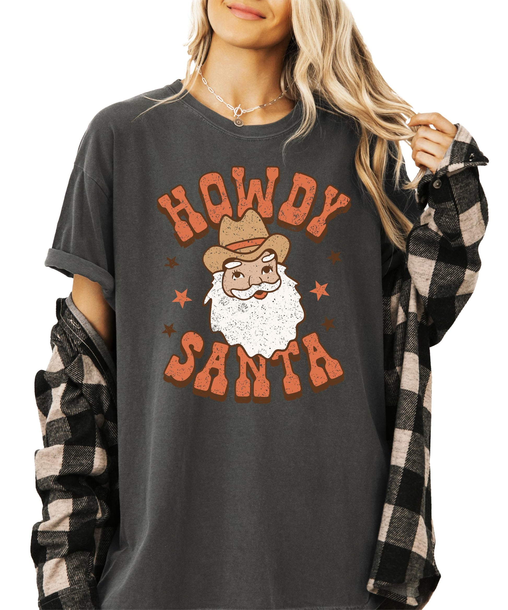 Seafoam green Howdy Santa western Christmas graphic tee for women featuring Santa in a cowboy hat