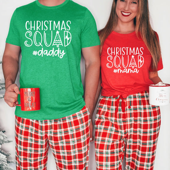 Detail shot of Christmas Squad holiday graphic tee print quality on vintage red shirt