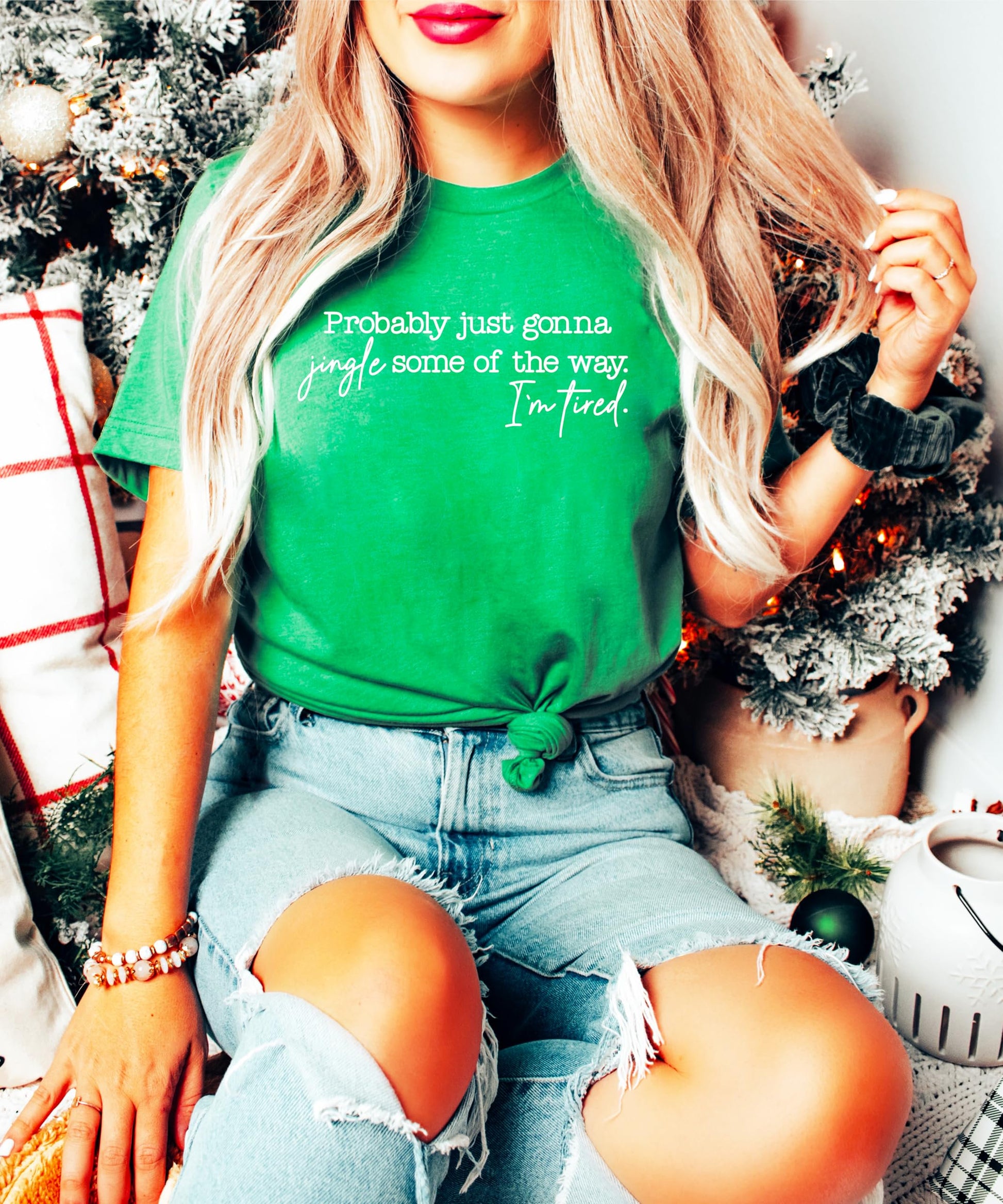 Olive Loves Apple funny holiday tee in vintage green with festive tired jingle quote