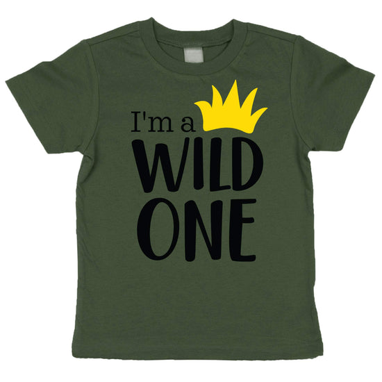 Wild One first birthday bodysuit displayed showing full graphic design and color options
